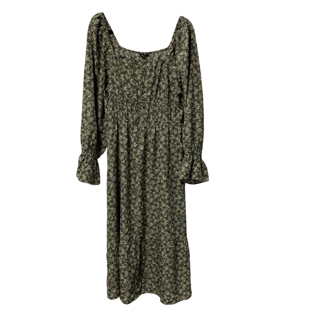 VERY J DRESS FLORAL OLIVE GREEN SQUARE NECK MAXI LINED BOHO PEASANT FEMININE NWT